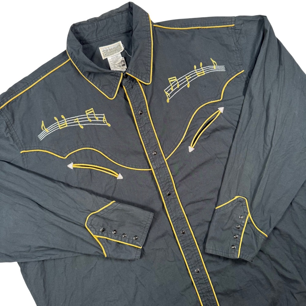 VTG Express Rider Western Shirt 2XL Black Yellow Music Note Pearl Snap Cowboy